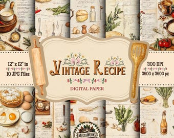 Vintage Recipe Digital Paper Pack – 10 Rustic Kitchen & Baking Backgrounds – Retro Cooking Scrapbook Paper – Old Recipe Design