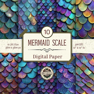 Mermaid Scale Digital Paper Pack – 10 Iridescent Ocean Fish Scale Backgrounds – Scrapbook Papers, Fantasy Crafts, Printable JPG Download
