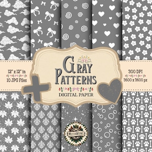 Gray Digital Paper Pack – 10 Seamless Pattern Backgrounds – Scrapbooking, Invitations, Card Making, Crafts, Commercial Use JPG Download