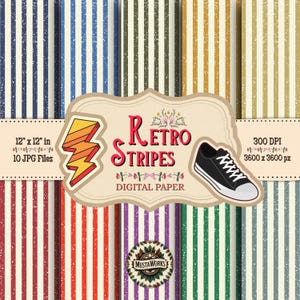 Digitaal papierpakket Retro strepen – 10 kleurrijke gestreepte achtergronden – Scrapbooking, uitnodigingen, commercieel gebruik, digitale JPG-download