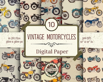 May include: Digital paper set with illustrations of vintage motorcycles in different colours. The design includes the text "Vintage Motorcycles Digital Paper", with the dimensions of 30.48 cm x 30.48 cm and 300 DPI.