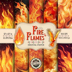 Fire and Flames Digital Paper Pack – 10 Fiery and Abstract Backgrounds – Scrapbooking, Party Decor, Commercial Use, Digital Download JPG