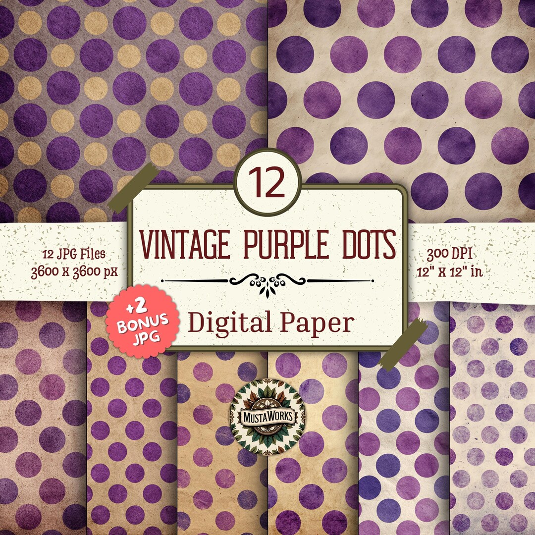 Vintage Purple Dots Digital Paper Pack – 12 Polka Dot Designs +2 Bonus ...