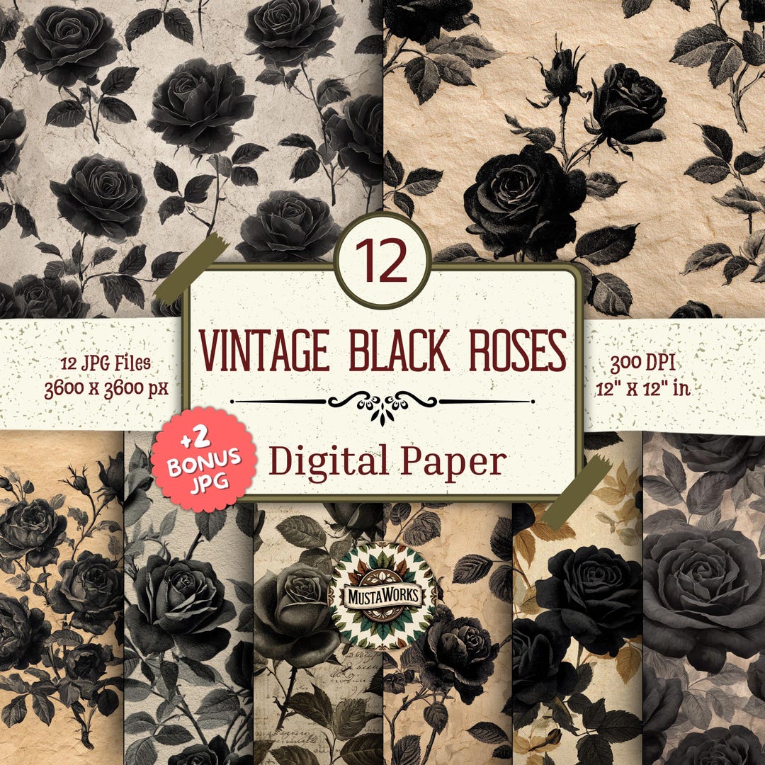 Vintage Black Roses Digital Paper Pack – 12 Dark Floral Designs + 2 ...