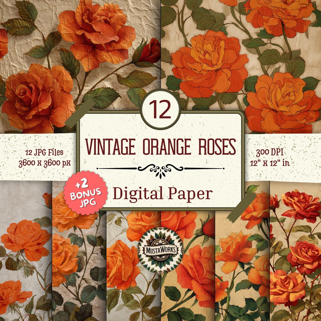 Vintage Orange Roses Digital Paper Pack – 12 Floral Designs + 2 Bonus ...