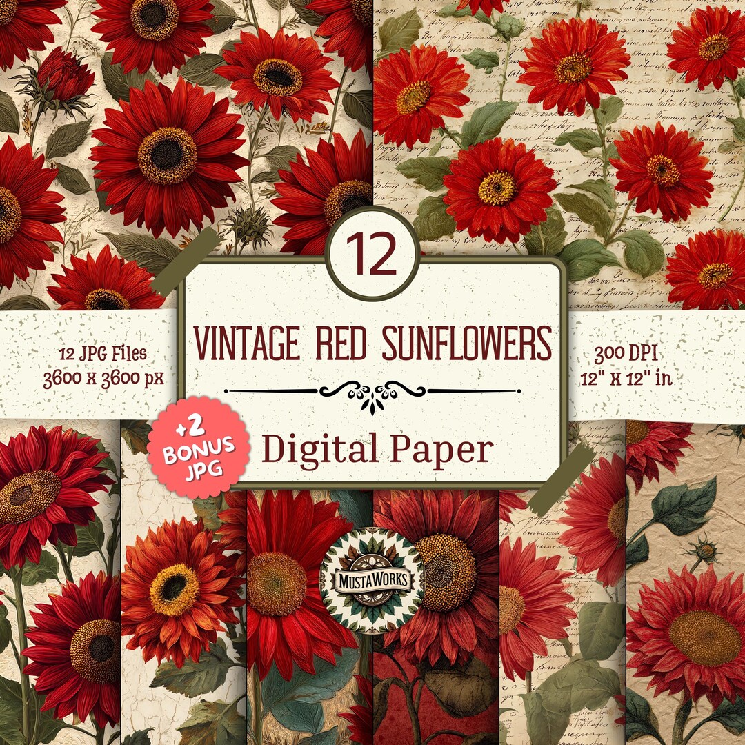 Vintage Red Sunflowers Digital Paper Pack – 12 Bold Floral Designs +2 ...