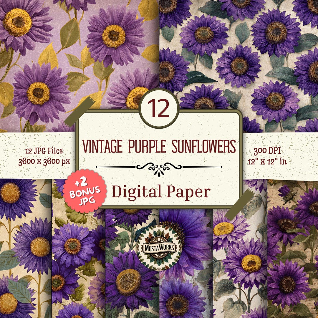 Vintage Purple Sunflowers Digital Paper Pack – 12 Designs +2 Bonus ...