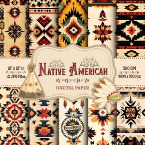 Puede incluir: Una colección de diseños de papel digital nativo americano. Los patrones presentan formas geométricas en rojo, negro, amarillo y crema. La imagen incluye una etiqueta decorativa con el texto "Native American Digital Paper". El papel mide 30,48 cm x 30,48 cm y 300 DPI.