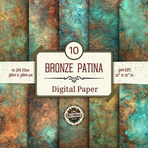 Bronze Patina Digital Paper Pack – 10 Rustic Metal Textures – Aged Copper Green Blue Backgrounds, Vintage Scrapbook JPG