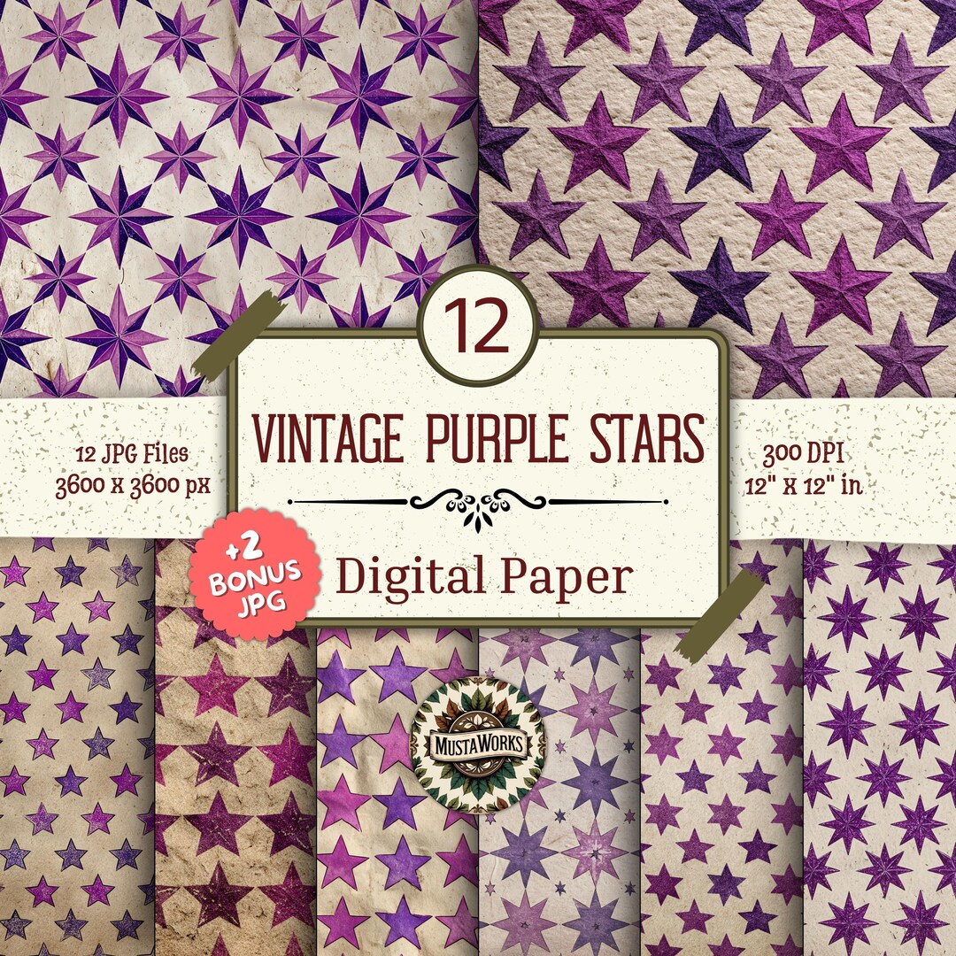 Vintage Purple Stars Digital Paper Pack – 12 Celestial Designs +2 Bonus ...