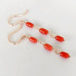 Genuine Vintage Coral Gemstone Earrings 14k Rose Gold Filled Jewelry Orange Red Beaded Dangle Drop Dainty Simple Natural SparkleSand image 3