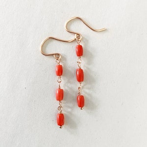 Genuine Vintage Coral Gemstone Earrings 14k Rose Gold Filled Jewelry Orange Red Beaded Dangle Drop Dainty Simple Natural SparkleSand image 1