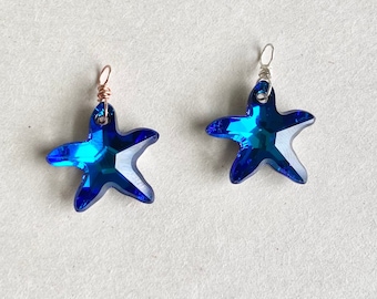 Colgante Swarovski Starfish / Cristal de color azul bermuda / Plata esterlina 925 o relleno de oro rosa de 14k / Joyería temática de Ocean Beach / Cantidad 1