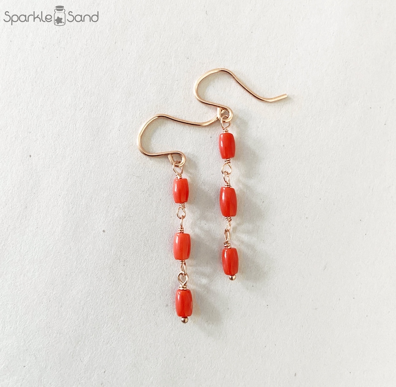 Genuine Vintage Coral Gemstone Earrings 14k Rose Gold Filled Jewelry Orange Red Beaded Dangle Drop Dainty Simple Natural SparkleSand image 1