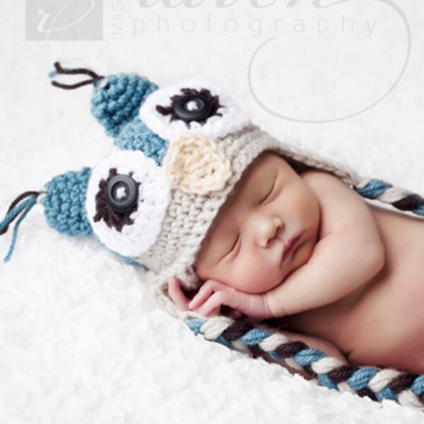 Newborn Baby Crochet Owl Hat Photography prop in Dusty Blue and Linen