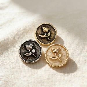 Op de afbeelding: Drie decoratieve ronde knopen met een rozenontwerp. De knopen zijn in goud, zwart en crème tinten. Elke knoop heeft een gedetailleerde roos in het midden en een kralenrand.