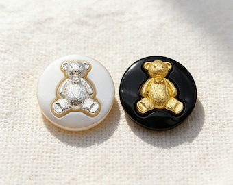 3D Bear Shank Buttons, Metallic Gold & Silver, Sewing Embellishments (Set of 6)