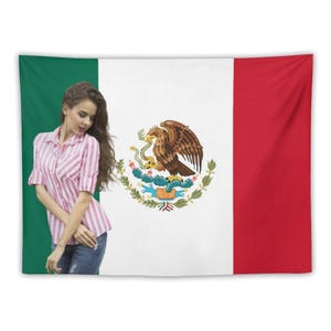 Puede incluir: Un tapiz de la bandera mexicana con franjas verticales verdes, blancas y rojas. La sección blanca presenta el escudo de armas mexicano, un águila con una serpiente. Una persona con una camisa a rayas rosas y blancas y vaqueros azules está de pie frente a la bandera.