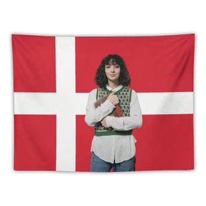 Könnte beinhalten: Ein Wandteppich mit der dänischen Flagge in Rot und Weiß. Eine Person steht vor der Flagge und trägt ein weißes Hemd, eine grün-weiß gemusterte Weste und blaue Jeans. Sie hält ein braunes Buch.