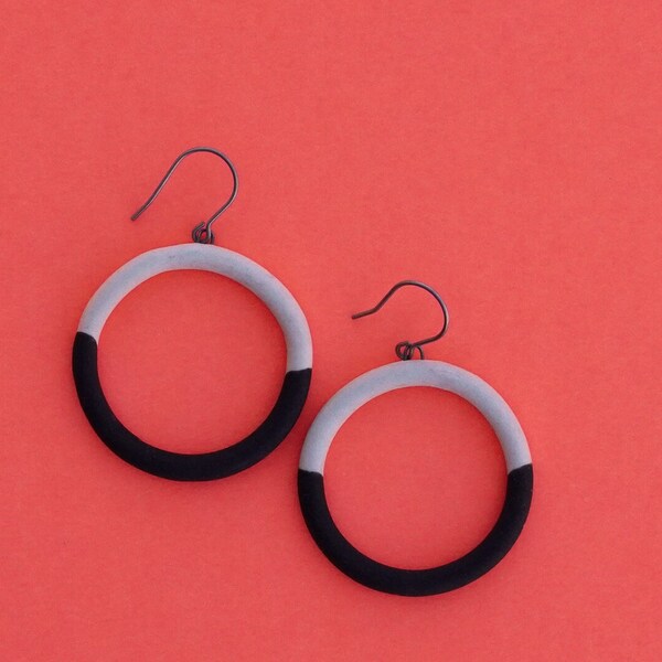 Black | Handcrafted Porcelain Clay Hoop Earrings | Modern and Tumbled | Hypoallergenic Titanium Ear Wires