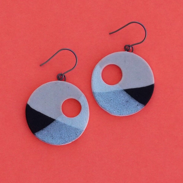 Black/White |  Handcrafted Porcelain Clay Disk Earring  | Modern and Tumbled | Hypoallergenic Titanium Ear Wires