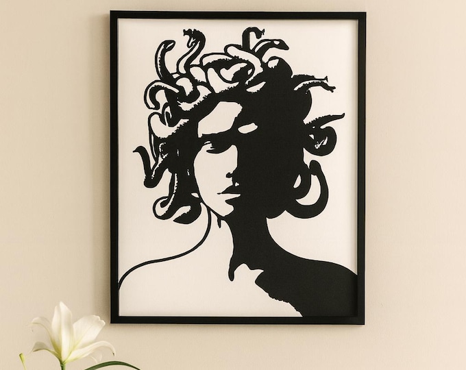 Medusa Wall Art, Black and White Framed Canvas, Greek Mythology Wall Decor, Modern Minimalist Home Decor