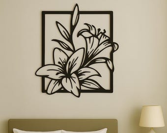 Gran adorno de pared de metal con forma de flor de lirio: decoración botánica moderna.
