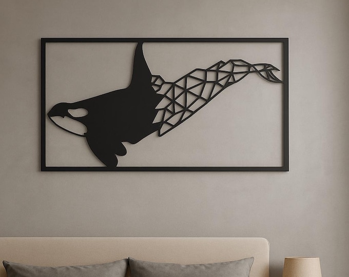 Geometric Orca Whale Metal Wall Art, Modern Ocean Sculpture