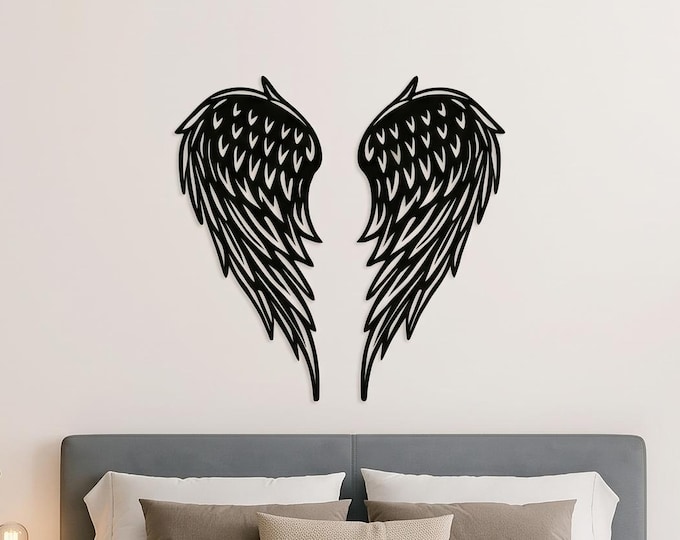 Angel Wings Metal Wall Art – Minimalist Black Wing Decor – Modern Guardian Angel Home Decoration for Living Room or Bedroom