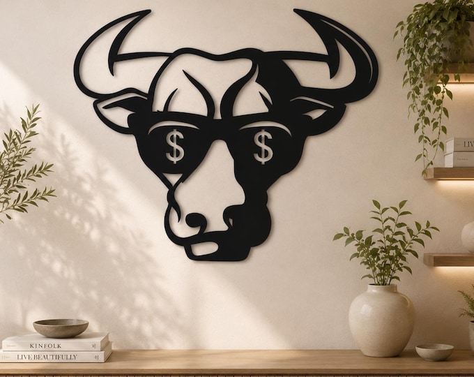 Bull Wall Art, Metal Bull Head Decor, Stock Market Wall Art, Modern Office Wall Decor, Bull with Dollar Glasses, Trading Room Decor