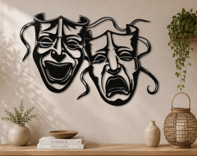 Theater Masks Metal Wall Art, Comedy and Tragedy Drama Decor, Black Steel Wall Hanging for Living Room, Office, Cafe, Gift for Actors