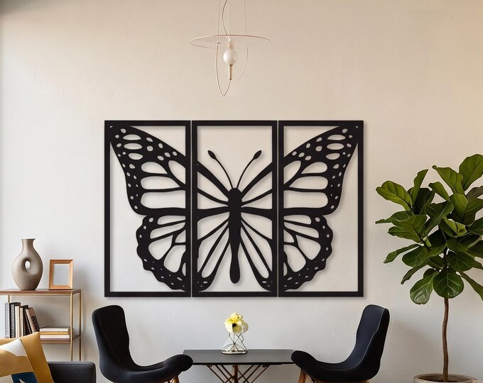 Black Steel Butterfly Wall Art | Three-Panel Monarch Silhouette, Modern Nature-Inspired Metal Decor for Bedroom, Living Room, Office, Gift