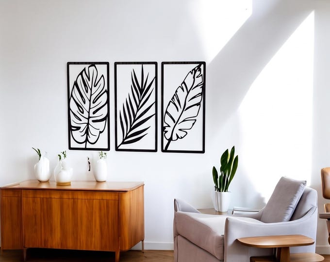 Tropical Leaf Metal Wall Art Set of 3 | Black Steel Botanical Panels for Living Room, Bedroom, Modern Boho Home Decor, Jungle Inspired