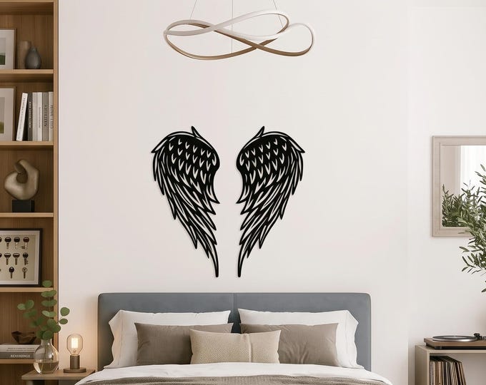Angel Wings Metal Wall Art – Minimalist Black Wing Decor – Modern Guardian Angel Home Decoration for Living Room or Bedroom