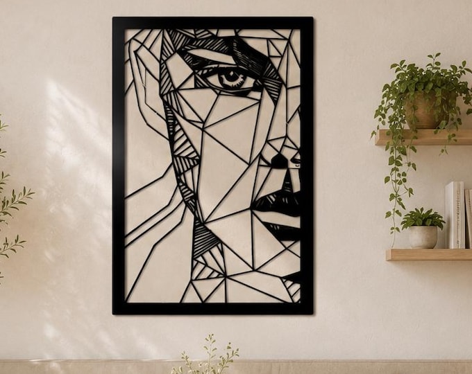 Geometric Face Metal Wall Art Mockup, Modern Cafe Interior Mockup, Display, Etsy Product Mockup, Scandinavian Coffee Shop Styled Stock Photo