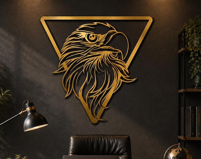 Geometric Eagle Head Metal Wall Art, Modern Wildlife Decor, Office Sign, Black or Gold, Large Wall Sculpture, Bird Silhouette