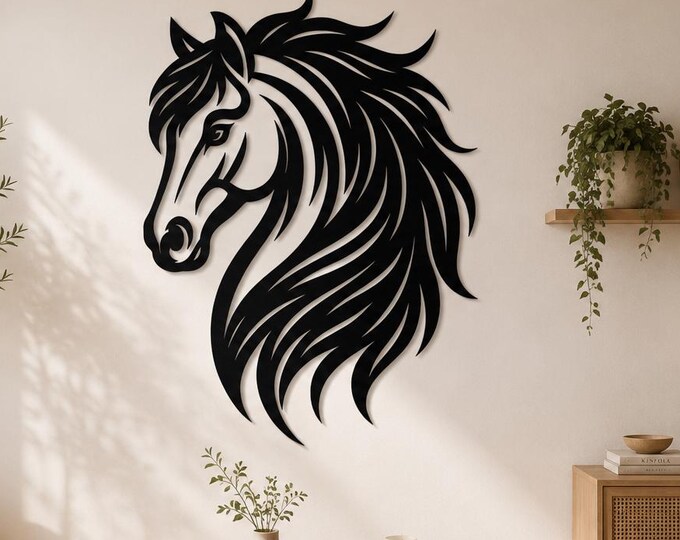 Horse Head Metal Wall Art, Black Equestrian Decor, Modern Horse Lover Gift
