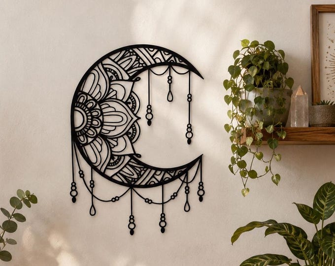 Mandala Moon Metal Wall Art, Crescent Moon Wall Decor, Boho Moon Wall Hanging, Celestial Metal Wall Art, Black Metal Home Decor