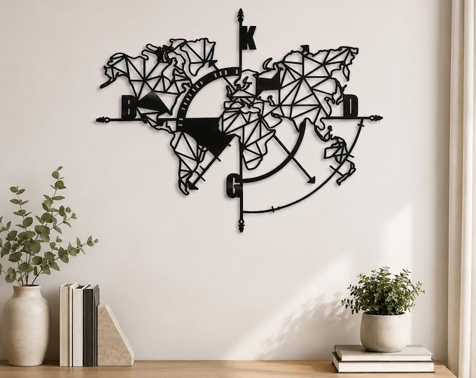 Geometric Metal World Map Compass Wall Art, Modern Travel Decor, Black Office Living Room