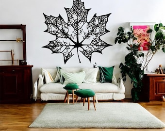 Decoración de pared con forma de hoja de arce en acero negro / Silueta botánica