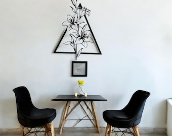 Cuadro de pared geométrico de acero negro con forma de flor de lirio / Decoración moderna triangular