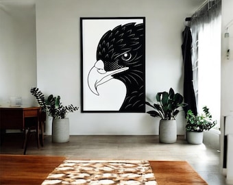 Arte mural de cabeza de águila de acero negro / Decoración minimalista de vida silvestre