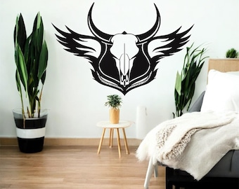 Arte de pared de metal con calavera de toro en llamas tribales / Decoración bohemia occidental