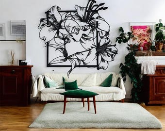 Cuadro decorativo de pared con forma de flor de lirio en acero negro / Silueta botánica