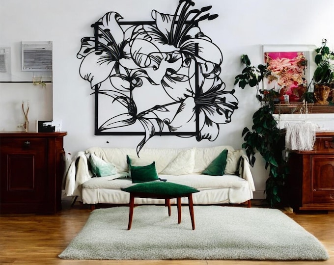Black Steel Lily Flower Wall Art | Botanical Silhouette Decor