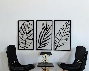 Decoración de pared metálica con diseño de hojas tropicales / Juego de 3 paneles de acero negro