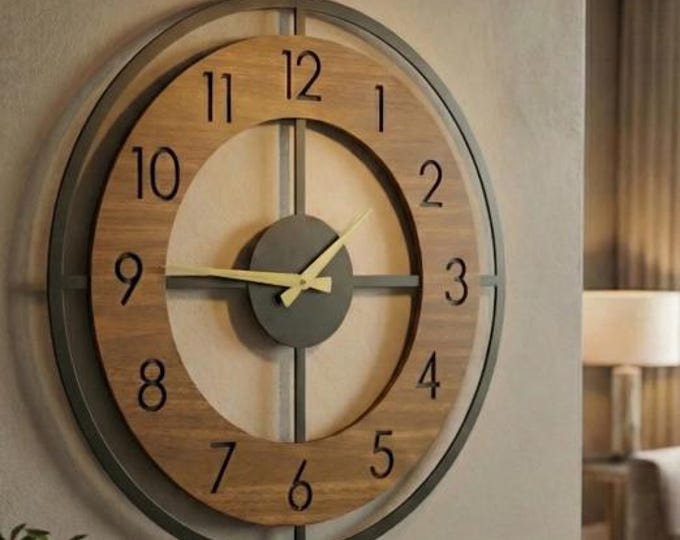 Large Wood Metal Wall Clock, Modern Farmhouse Silent Decor