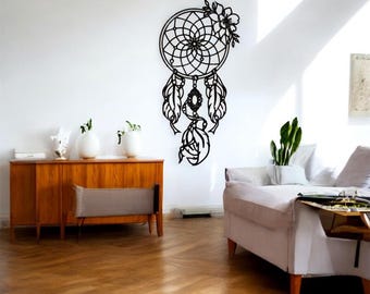 Arte de pared de metal con atrapasueños / Decoración de pared de acero negro estilo bohemio / Diseño de plumas y flores