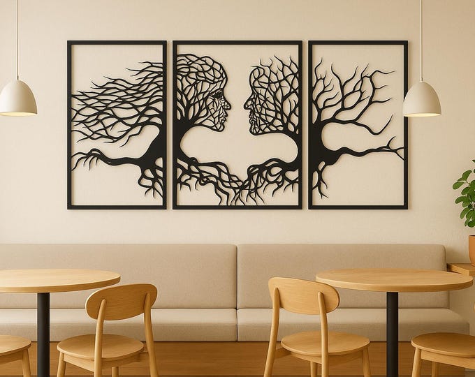 Metal Tree of Life Couple Wall Art, Leaves Laser Cut Face-to-Face Tree Decor