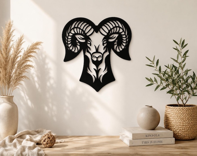 Aries Metal Wall Art, Ram Head Wall Decor, Zodiac Sign Metal Art, Modern Astrology Wall Hanging, Black Metal Home Decor, Gift for Aries